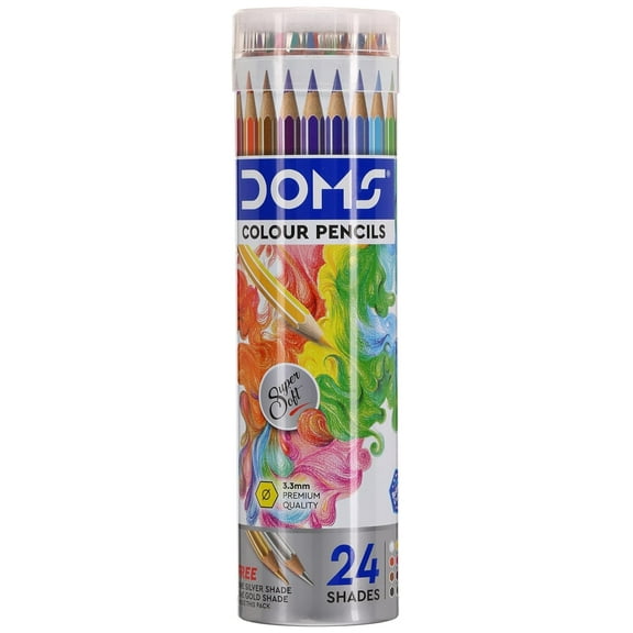 Doms 24 Shades Super Soft Color Pencils Round Tin Box | Smooth Color Application | For Blending & Experimenting Different Art Strokes | Free Gold & Silver Color Pencil Inside | Non
