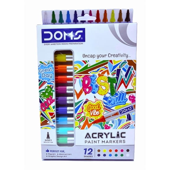 Doms Acrylic Paint Marker- 12 Assorted Shades| Soft Bullet Tip| Bright & Rich Colours| Perfect For Pop, Abstract & Graphic Design Art| Pack of 1