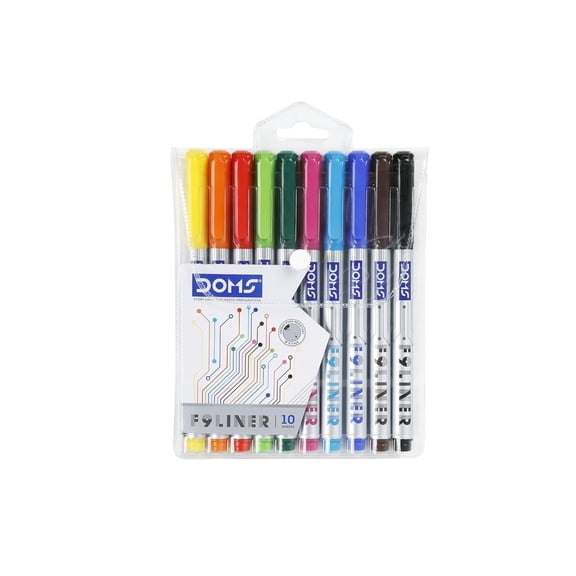 Doms F9 Fine Liner Set Of 10 Assorted Shades| 0.5 Mm Unique Push Resistant Metal Tip| Water Based Ink| Ideal For Writing, Drawing & Sketching