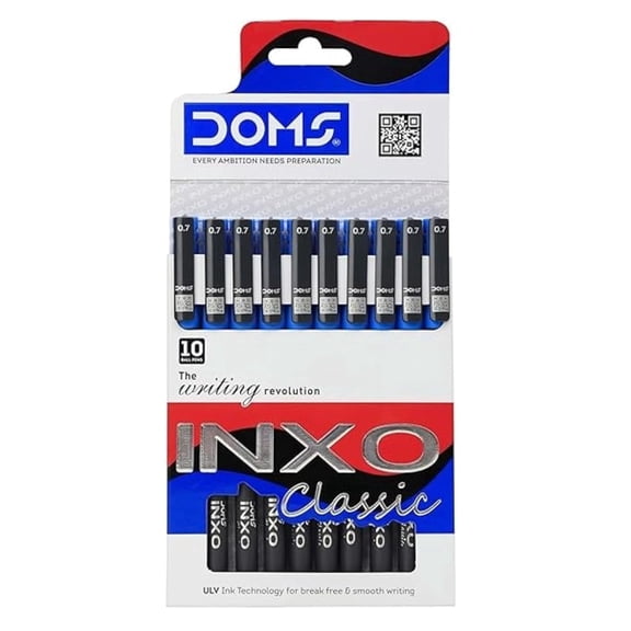 Doms Inxo Classic Ballpoint Pen| The Writing Revolution| ULV Ink Technology For Break Free & Smooth Writing| Ink Colour- Blue| 10 Ballpen Pack| For Daily Writing Use