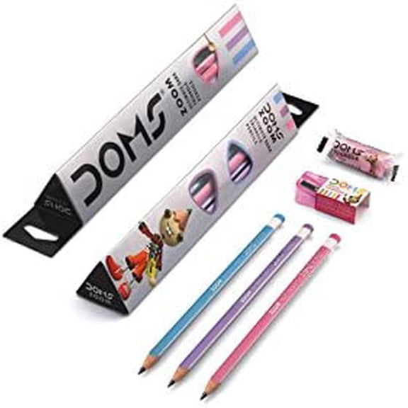 Doms Zoom Ultimate Dark Triangle Pencils (10pcs) with Free Eraser, Sharpener and 15cms Ruler