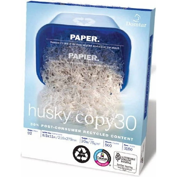 Domtar Husky Copy30 30% Recycled Copy Fax Laserkjet Printer Paper, 8 1/2 x 11ch Letter Size, 20. Density, 92 Bright White, Acid-Free, FSC Certified, Ream, 500 Total Sheets (3160)