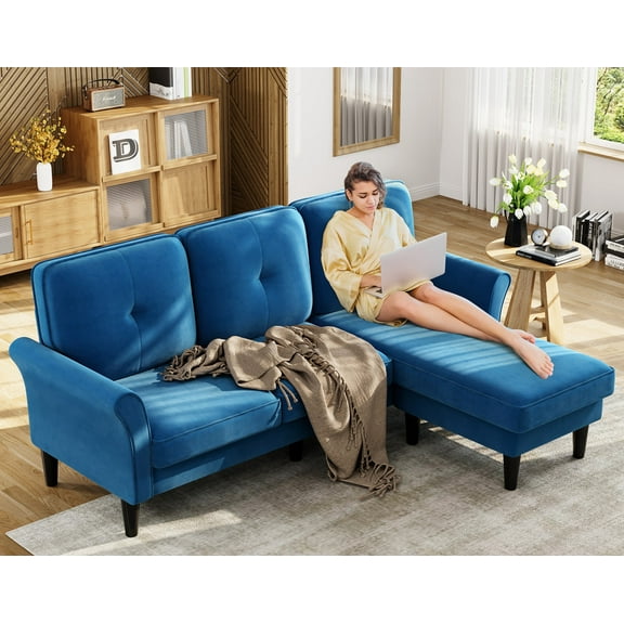 Domusensus 83" L-Shaped Sectional Sofa with Ottoman, Velvet 3-Seater Couch for Small Spaces, Blue