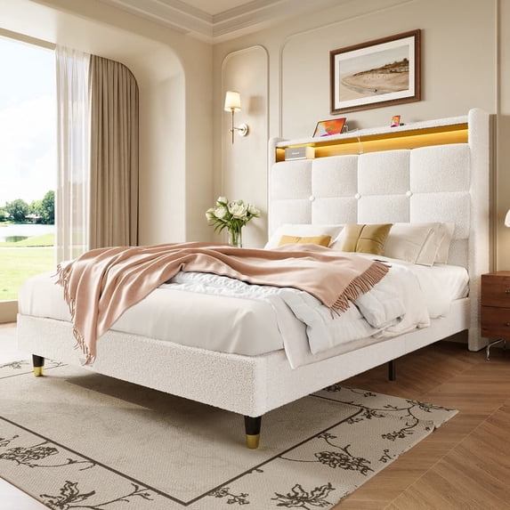 Domusensus King Size Bed Frame with Storage Headboard, 51" Tall Wingback Teddy Fleece Upholstered Platform Bed with LED Lights & Charging Station, White