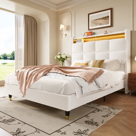 Domusensus King Size Bed Frame with Storage Headboard, 51" Tall Wingback Teddy Fleece Upholstered Platform Bed with LED Lights & Charging Station, White
