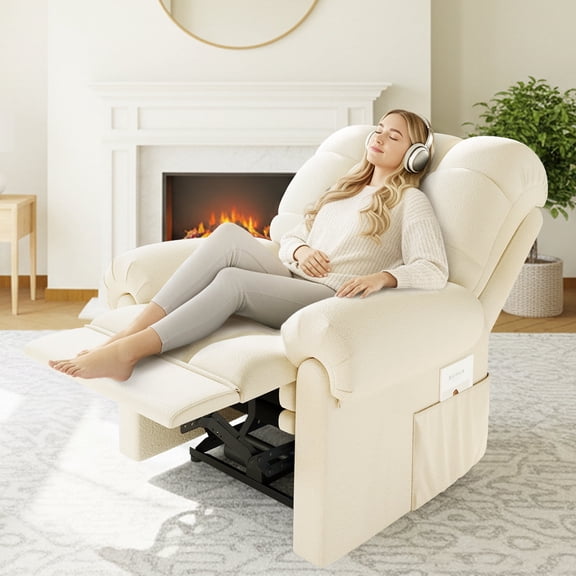 Domusensus Power Recliner Chair with USB Port, Adjustable Electric Recliner with Tool-Free Assembly, Teddy Fleece, Heat Insulation & Side Pockets, Beige White