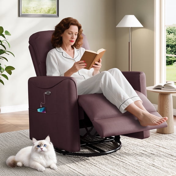 Domusensus Power Swivel Recliner Chair, 360° Swivel Rocker with Infinite Position, PU Leather Electric Recliner with USB Port, Claret Red