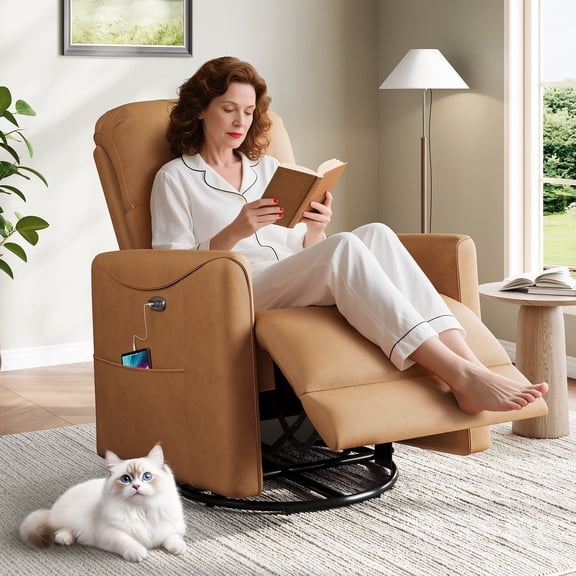 Domusensus Power Swivel Recliner Chair, 360° Swivel Rocker with Infinite Position, PU Leather Electric Recliner with USB Port, Orange Yellow