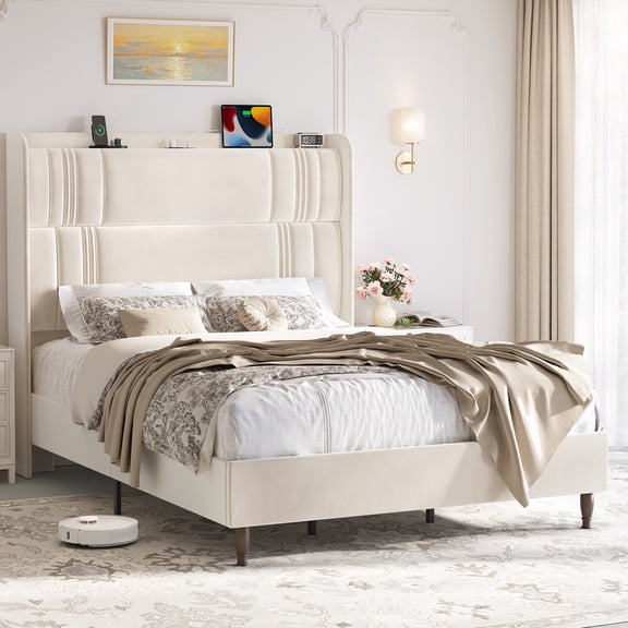 Domusensus Queen Bed Frame with Charging Station, 52" Tall Curved Wingback Velvet Upholstered Platform Bed, Beige