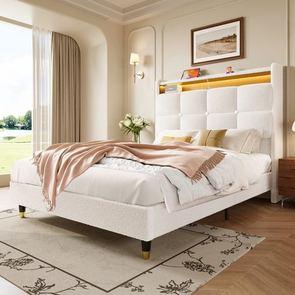 Domusensus Queen Size Bed Frame with Storage Headboard, 51" Tall Wingback Teddy Fleece Upholstered Platform Bed with LED Lights & Charging Station, White