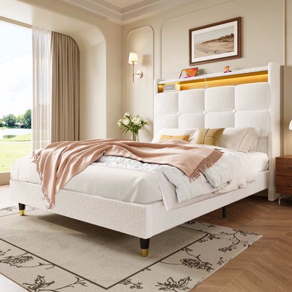 Domusensus Queen Size Upholstered Bed Frame with Storage Headboard, 51" Tall Wingback Teddy Fleece Platform Bed with LED Lights & Charging Station, White