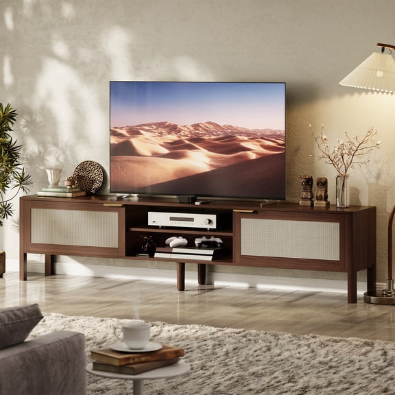 Domusio Rattan TV Stand for Living Room - Fits up to 80 Inch TVs, Mid-Century Modern Entertainment Center, Rattan Media Console Table with Adjustable Shelves & 2 Storage Cabinets, Walnut 71"