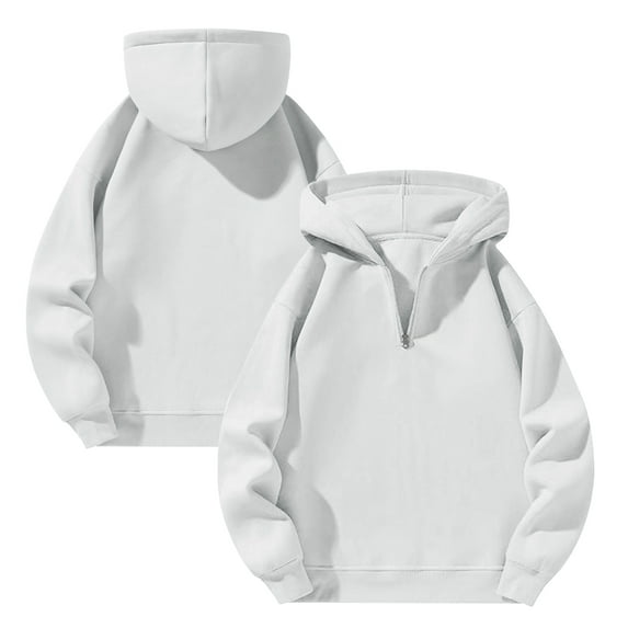 Domuza 1/4 Zip Hoodies for Men Long Sleeve Drop Shoulder Casual Hooded Sweatshirt Fall Winter Fashion Relaxed Fit Solid Color Pullover White S