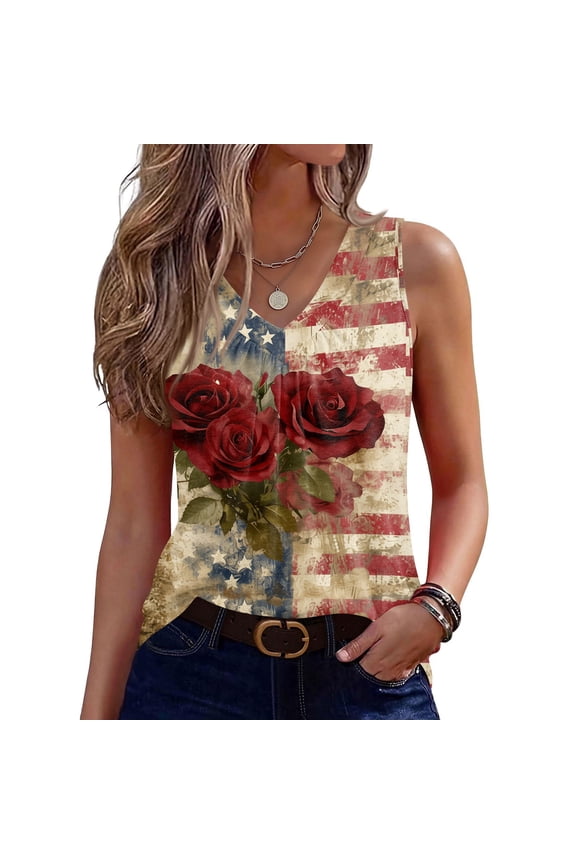 2026 Independence Day Shirt Women Usa Flag Graphics Sleeveless Top Dressy Casual V Neck T-Shirts 2026 New Lightweight Clothes Red M