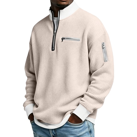 Domuza 2026 Men's Casual Fashion up Collar Contrasting Zipper Waffle Sweatshirt,Daily Loose&Simple Half Zip Pullover Sweatshirt Beige 4XL