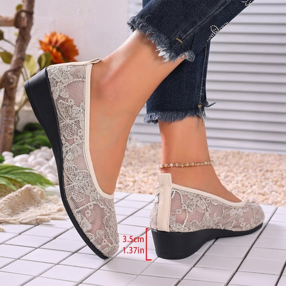 Domuza New Ballet Flats for Women Round Toe Slip on Lace ballerina Flat Comfortable Wedding Casual Dressy Floral Flats Shoes Beige 7(EU-38)