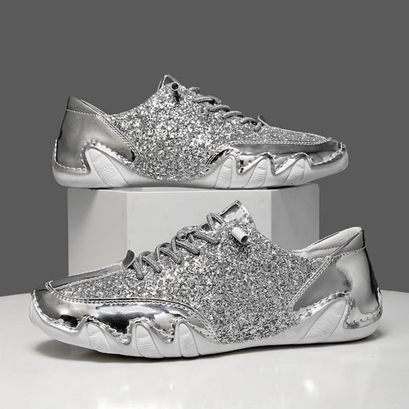 Domuza 2026 Summer Glitter Shoes for Men Fashion High Top Casual Sequin Sparkly Sneakers Bling Shiny Sneakers Comfortable Lightweight & Non-Slip Sneakers Silver 9.5 (EU-44)