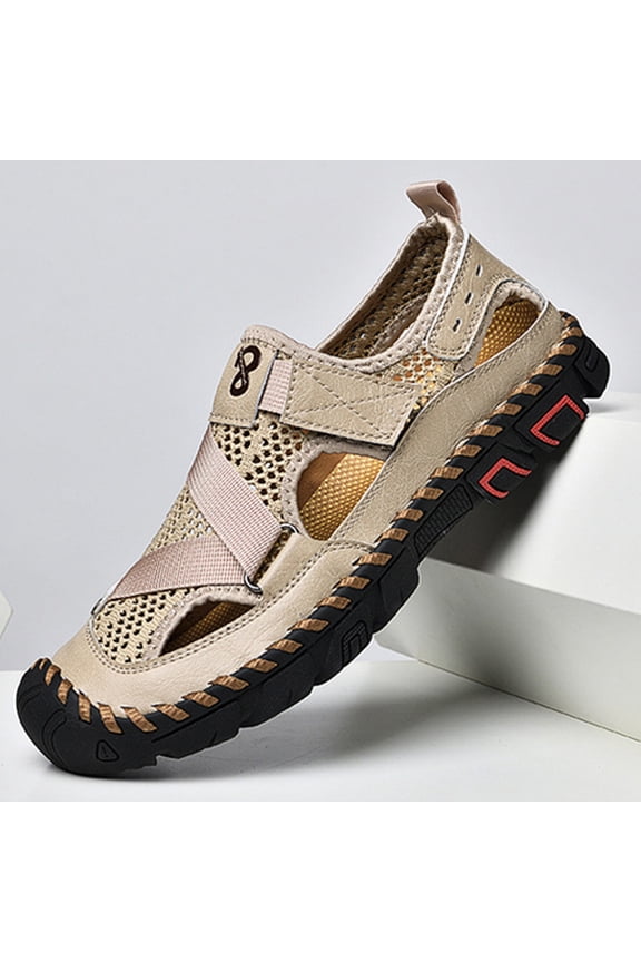 2026 Summer Leather Sandals for man - Outdoor Hiking & Waterproof Athletic Sports Sandals - Fisherman Beach Shoes with Closed Toe Khaki 7 (EU-39)