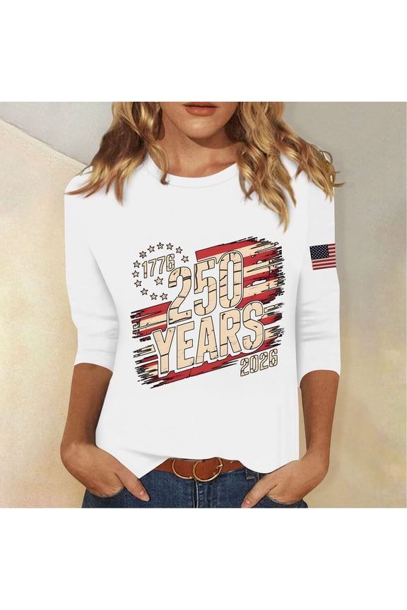 250 Anniversary USA Shirt 3/4 Length Sleeve Womens Tops Patriotic Graphic Tees Shirts Summer Tops 1776-2026 White M