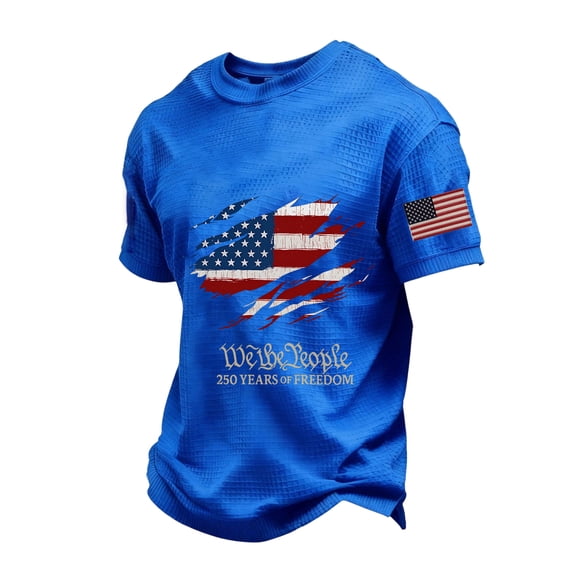 Domuza 250 Anniversary USA Shirt for Men America 250Th Birthday Short Sleeve Shirts National Flag Print Patriotic Tee Blue L
