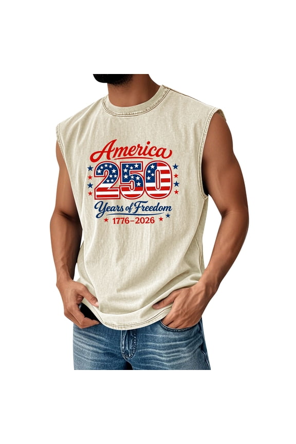 250 Anniversary Usa Shirts for Men Usa Flag Graphics Casual Waffle Crew Neck Sleeveless T Shirts 2026 New Fashion Comfortable Relaxed Fit Tops White M