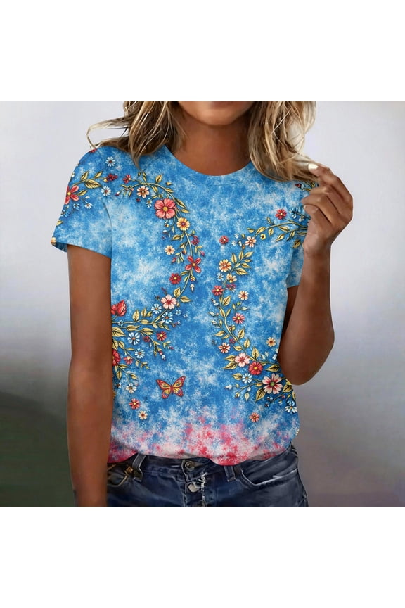 Woman's Independence Day Shirt Usa Flag Graphics Short Sleeve Tops Casual Loose Crew Neck Tshirts 2026 New Fashion Clothes Sky Blue XXL