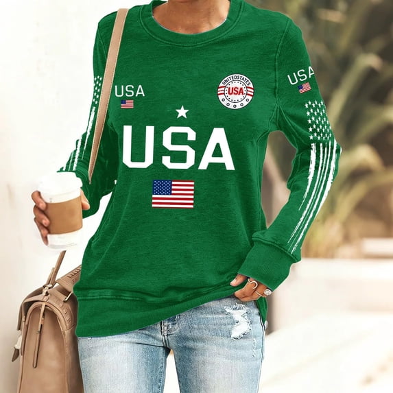 Domuza 250th Anniversary Shirt for Women Usa Flag Graphics Long Sleeve Top Casual Crew Neck Tee Shirts Summer Lightweight Clothes Green XXXL