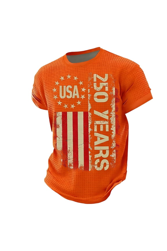 250th Anniversary USA Shirt for Men America 250 Shirt Short Sleeve Patriotic Crew Neck Tops 1776-2026 Tshirt Orange M