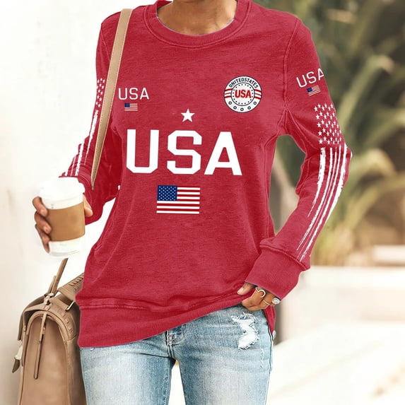 Domuza 4th Of July Patriotic Shirts for Women American Flag Graphics Long Sleeve Blouses Casual Crew-Neck T-Shirts Summer Trendy Clothing Red XXXL