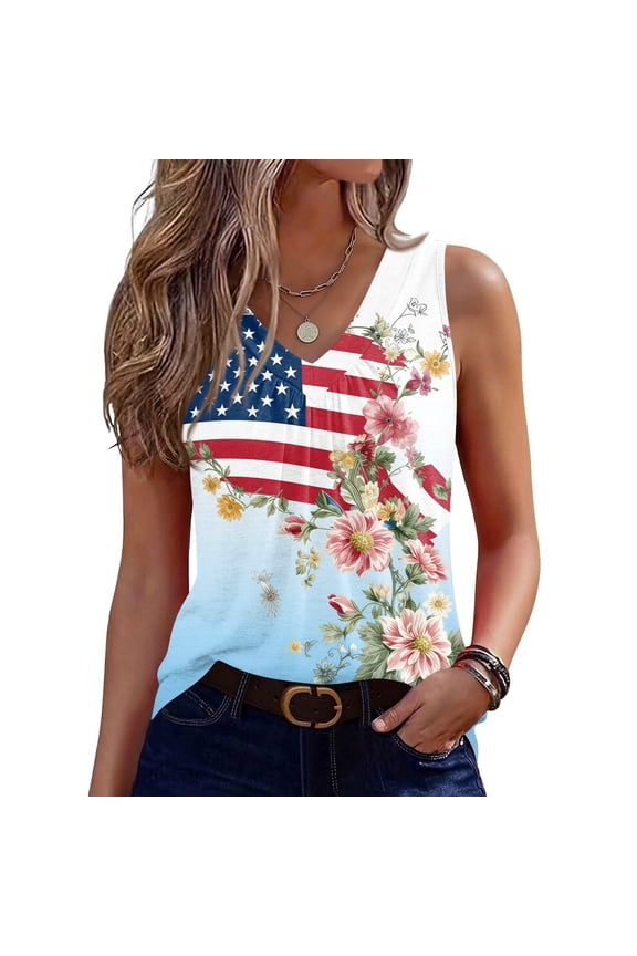 4th Of July Patriotic Shirts for Women Usa Flag Graphics Sleeveless Tops Casual V-Neck T-Shirts 2026 New Fashion Clothes Light Blue L
