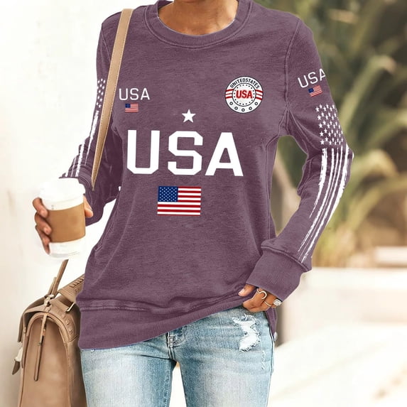 Domuza 4th Of July Shirt for Women American Flag Graphics Long Sleeve Top Casual Loose Crew Neck T Shirts Summer Fashion Clothing Purple XL