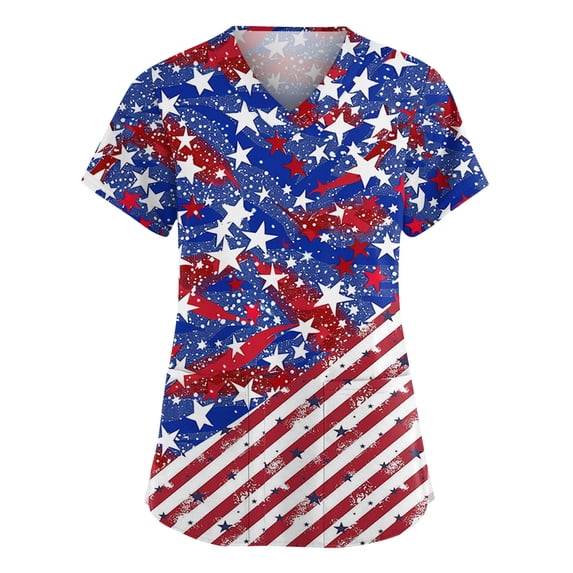 Domuza 4th Of July Shirt for Women Short Sleeve Scrub Tops Dressy Casual V-Neck Tshirts 2026 New Comfortable Work Uniform with Pockets Royal Blue 5XL