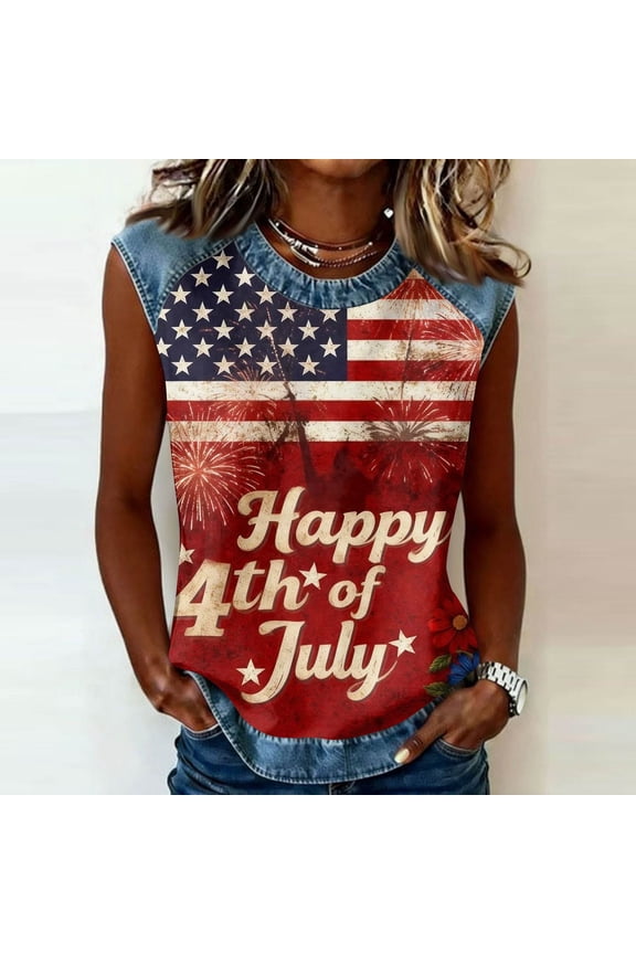 4th Of July Shirt for Women Usa Flag Graphics Sleeveless Top Dressy Casual Grew Neck Tee Shirts 2026 Summer Comfy Clothing Watermelon Red XL