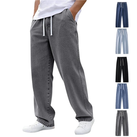 Domuza Baggy Jeans for Men Drawstring Elastic Waist Wide Leg Denim Pants Vintage Outdoor Jeans Pants with Pocket Gray L