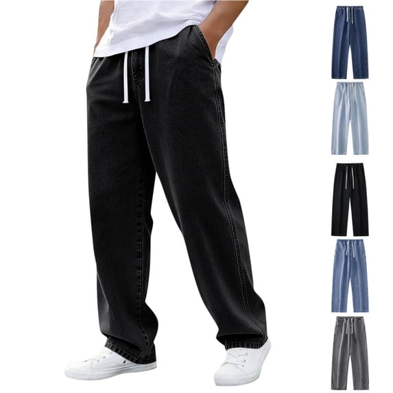 Domuza Baggy Jeans for Men Wide Leg Drawstring Elastic Waist Denim Pants Vintage Streetwear Casual Summer Jeans with Pockets Black L