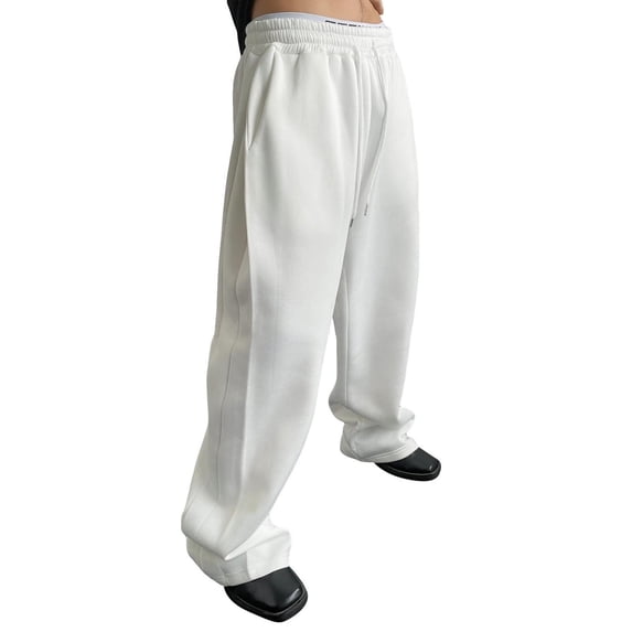 Domuza Baggy Pants for Men Wide Leg Elastic Waist Drawstring Loose Sweatpants with Pockets White XL