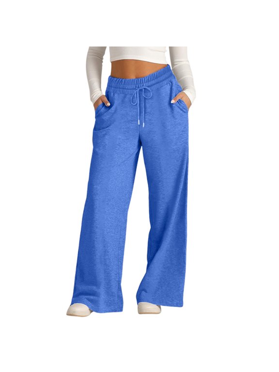 Baggy Sweatpants for Girls Trendy Oversized Wide Leg Loose Sweat Pants Elastic High Waist Drawstring Athletic Joggers Blue L