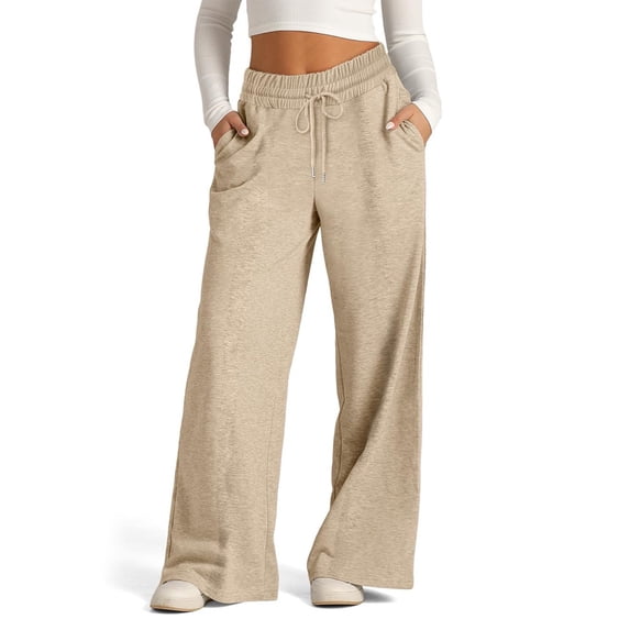 Domuza Baggy Sweatpants for Girls Trendy Oversized Wide Leg Loose Sweat Pants Elastic High Waist Drawstring Athletic Joggers Khaki L