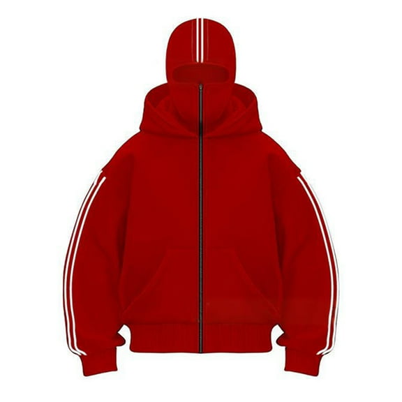 Domuza Balaclava Hoodie Men Double Layer Hooded Full Zip Wind-Resistant Jacket with Eye Mask Fall Winter Thermal Stylish Y2k Outerwear Red M