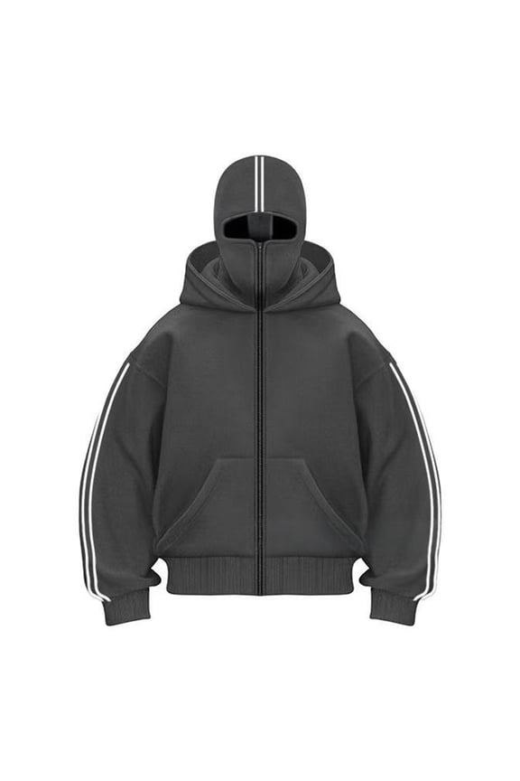 Balaclava Hoodie for Men Double Layer Hooded Zipper Windproof Jacket with Eye Mask Fall Winter Thermal Fashion Y2k Sweatshirt Dark Gray M