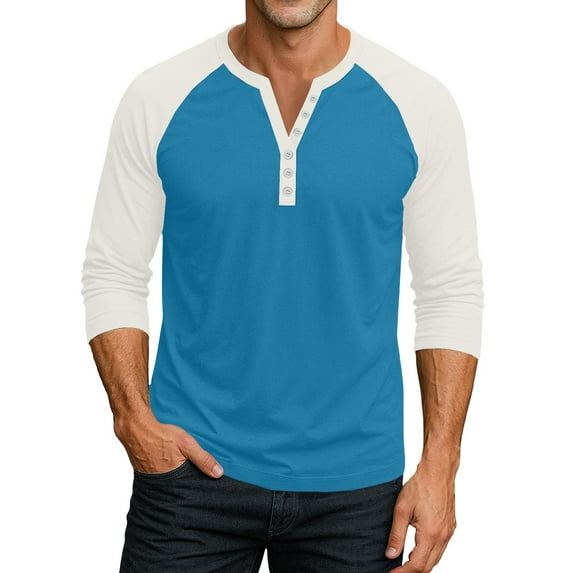 Domuza Baseball Shirt Men Fashion Casual Raglan 3/4 Sleeve Color Block Henley Shirts Fall Lightweight Comfy Slim Fit Button Up Blouse Blue S