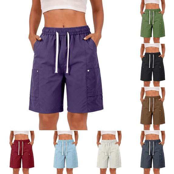 Domuza Bermuda Shorts for Women Casual Lightweight Quick Dry Cargo Shorts Knee Length Drawstring High Waisted Outdoor Hiking Short with Pockets Purple XXXL