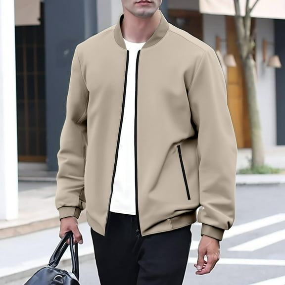Domuza Bomber Jackets Men Fashion Casual Lightweight Windbreaker Full Zip Varsity Jackets Fall Winter Vintage Softshell Relaxed Fit Coat with Pockets - Khaki XL