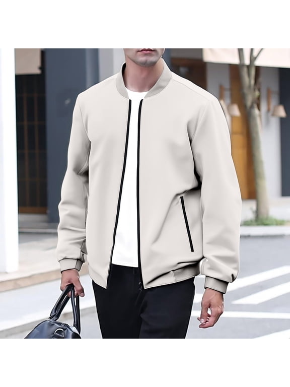 Bomber Jackets Men Fashion Casual Lightweight Windbreaker Full Zip Varsity Jackets Spring Fall Vintage Softshell Loose Fit Coat with Pocket - Beige M