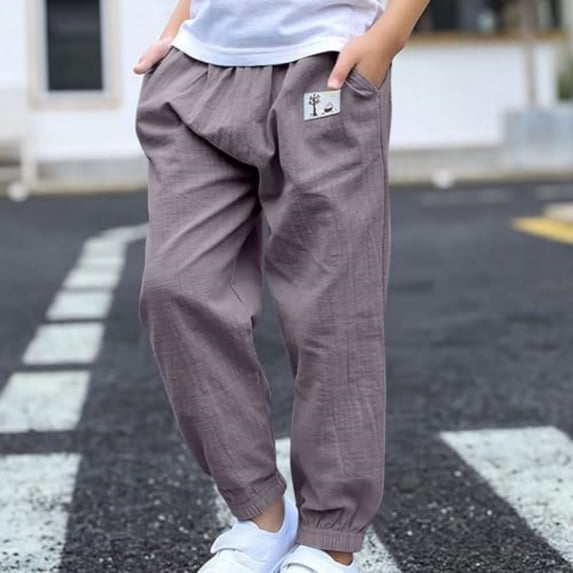 Domuza Boys Casual Cotton Linen Pants Girls Straight Leg Elastic Waist Loose Pants Wide Leg Solid Lightweight Trousers with Pocket Gray 130