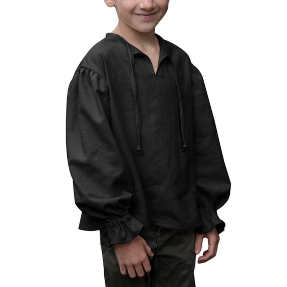 Domuza Boys Medieval Pirate Costume Shirt Kids Medieval Renaissance Ruffled Long Sleeve Tops Black 110