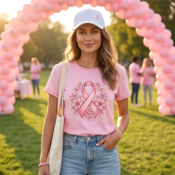 Domuza Breast Cancer Awareness Shirts Women Pink Ribbon Graphic Cancer Survivor Short Sleeve Crew-Neck Tshirts ,in October We Wear Pink Top L