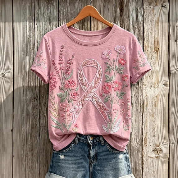 Domuza Breast Cancer Awareness Shirts Women Pink Ribbon Wings Graphic Cancer Survivor Short Sleeve Crew Neck T Shirts ,in October We Wear Pink Shirts XXL