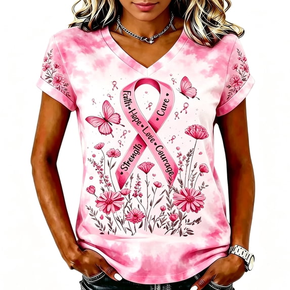 Domuza Breast Cancer Awareness Shirts for Women Pink Ribbon Print Cancer Survivor Short Sleeve V Neck Tee Shirts ,in October We Wear Pink Top L