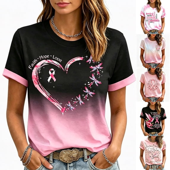 Domuza Breast Cancer Shirts Women Pink Ribbon Graphic Cancer Survivor Short Sleeve Crew-Neck T Shirts ,in October We Wear Pink Top M